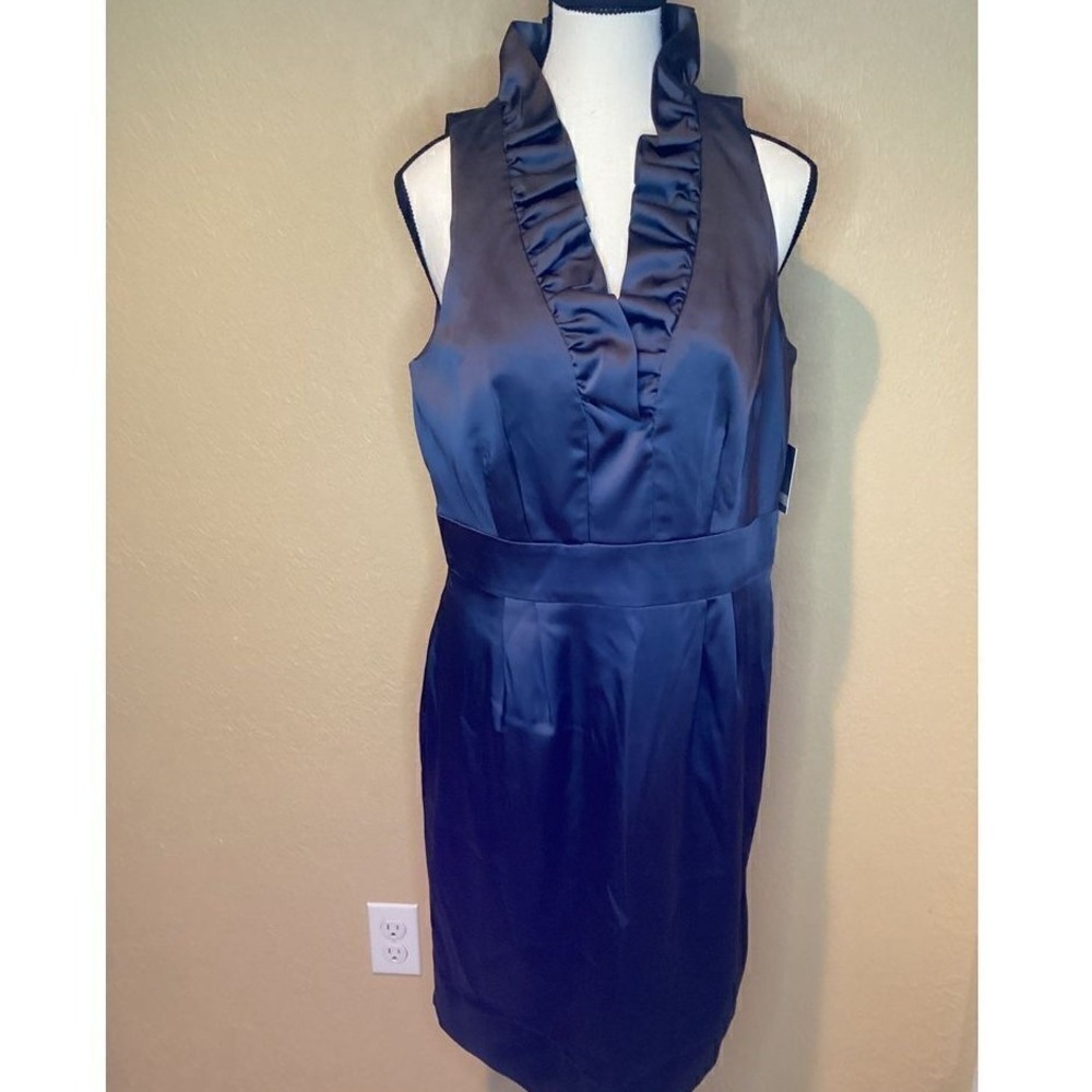 Taylor Pewter Gray Elegant Ruffle Neck Midi Dress for Women Size 12